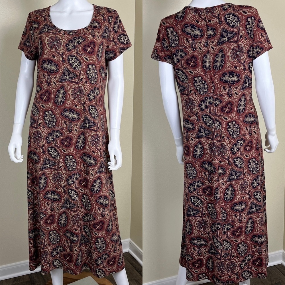 Peruvian Connection Women Size L Casbah Jersey Knit Cotton Floral Midi Dress
